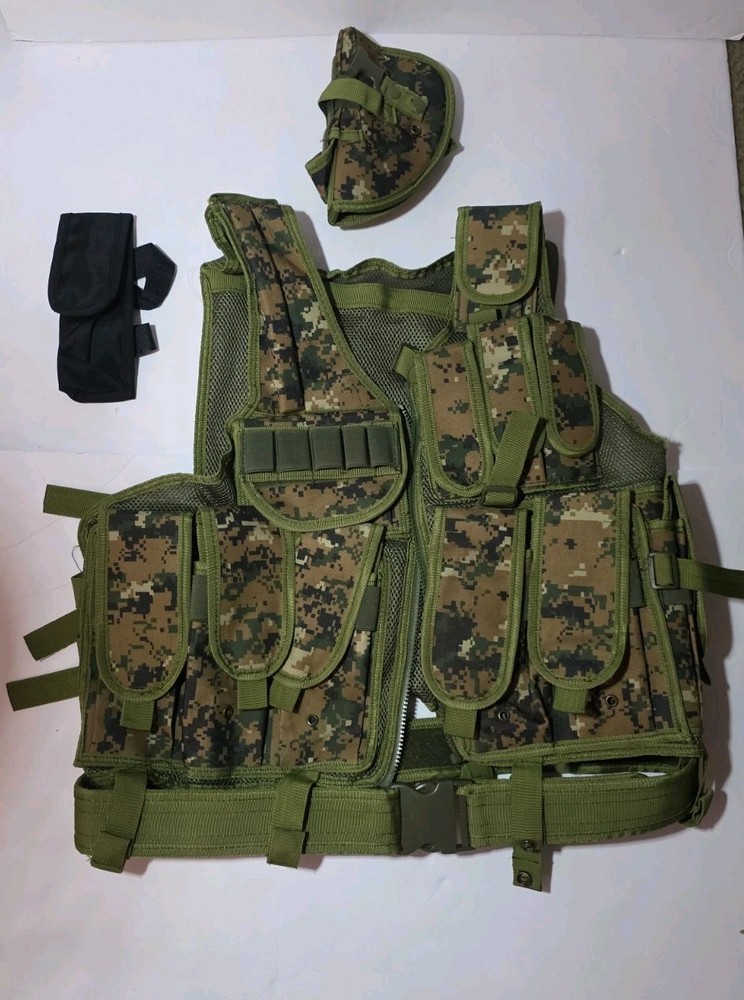 Digital Camo Tactical Combat Vest One Size Adjustable W/GUN & KNIFE Holster/Belt