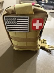 Tan MOLLE Tactical Pouch, Zip Closure, USA Flag Patch & Red Cross Patch