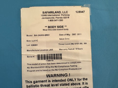 SAFARILAND Level IIIA Body Armor Plate Bullet Proof Insert Front/Back 1814/2315