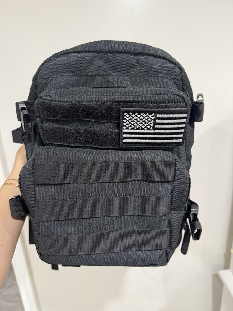 Black Nylon Tactical Backpack American Flag Patch Padded Straps External Pockets