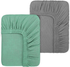 2 Pack Green & Grey Muslin Cotton Crib Sheets for Girls & Boys-Neutral Breathabl