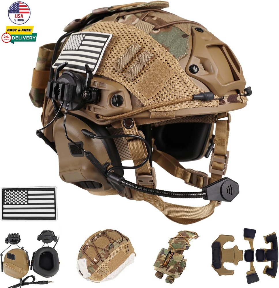 Tactical Helmet with Headset 4 in 1 Helmet Cover for Airsoft Cosplay Military