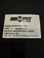 Armor Express Tactical Protection Body Vest Insert Blk RZRG2-A-IlIA-DHS