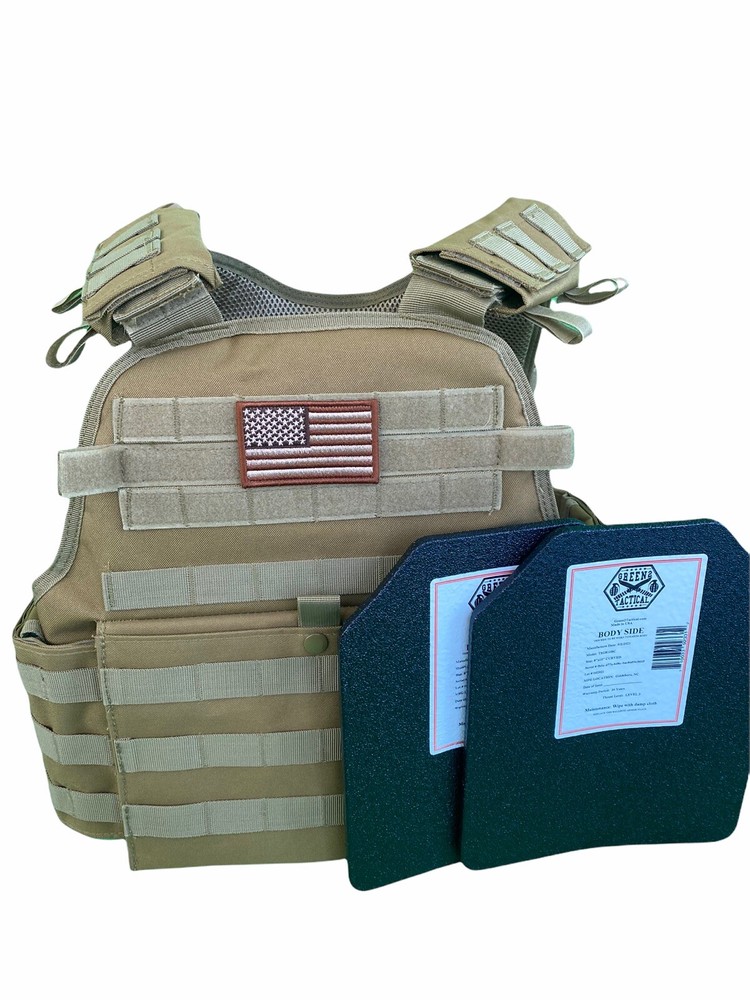 Tactical Vest COYOTE Tan Plate Carrier W/ 2 8×10 Curved PLATES **IN STOCK**