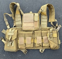 Tan Nylon Tactical Chest Rig Adjustable with Multiple Pockets and plates