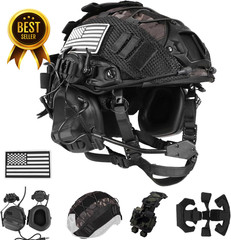 Tactical Helmet w/ Headset 4-in-1 Adjustable Helmet Cover Airsoft Cosplay Gear