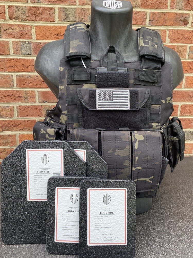 Black Multicam Tactical Vest Plate Carrier W/ (2) 8×10 Curved/ Side Plates