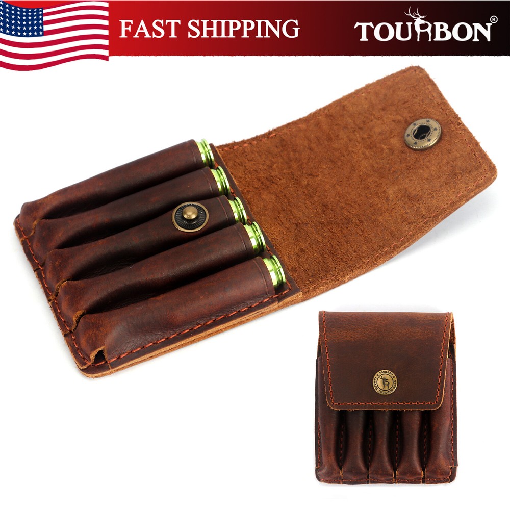 TOURBON Leather Hunting 5 Rounds Rifle Ammo Belt Pouch Cartridge Shell Wallet US