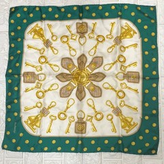 Burberrys Silk Scarf Large Size Key Motif Check Pattern Green White Gold 57x55cm