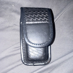 Black Leather Basketweave Belt Pouch w/ Hook & Loop Flap Closure, Belt Loop