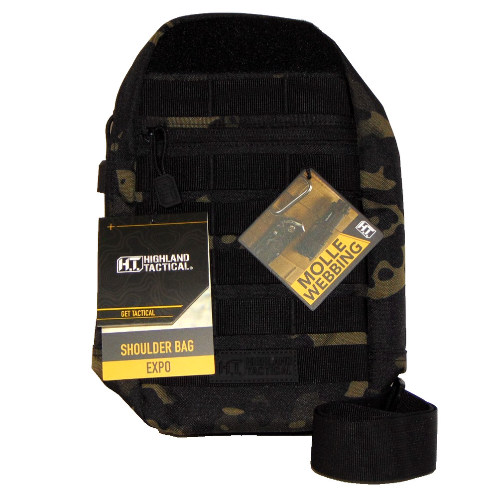 Highland Tactical Expo Sling Bag Black Urban Camo MOLLE EDC Crossbody Shoulder