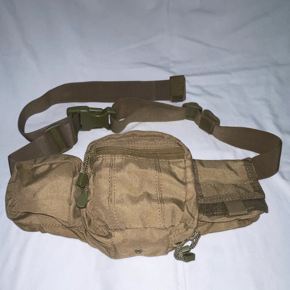 Tactical Waist Pack Nylon Brown Khaki 3 Pockets Adjustable Strap Zipper Buckle