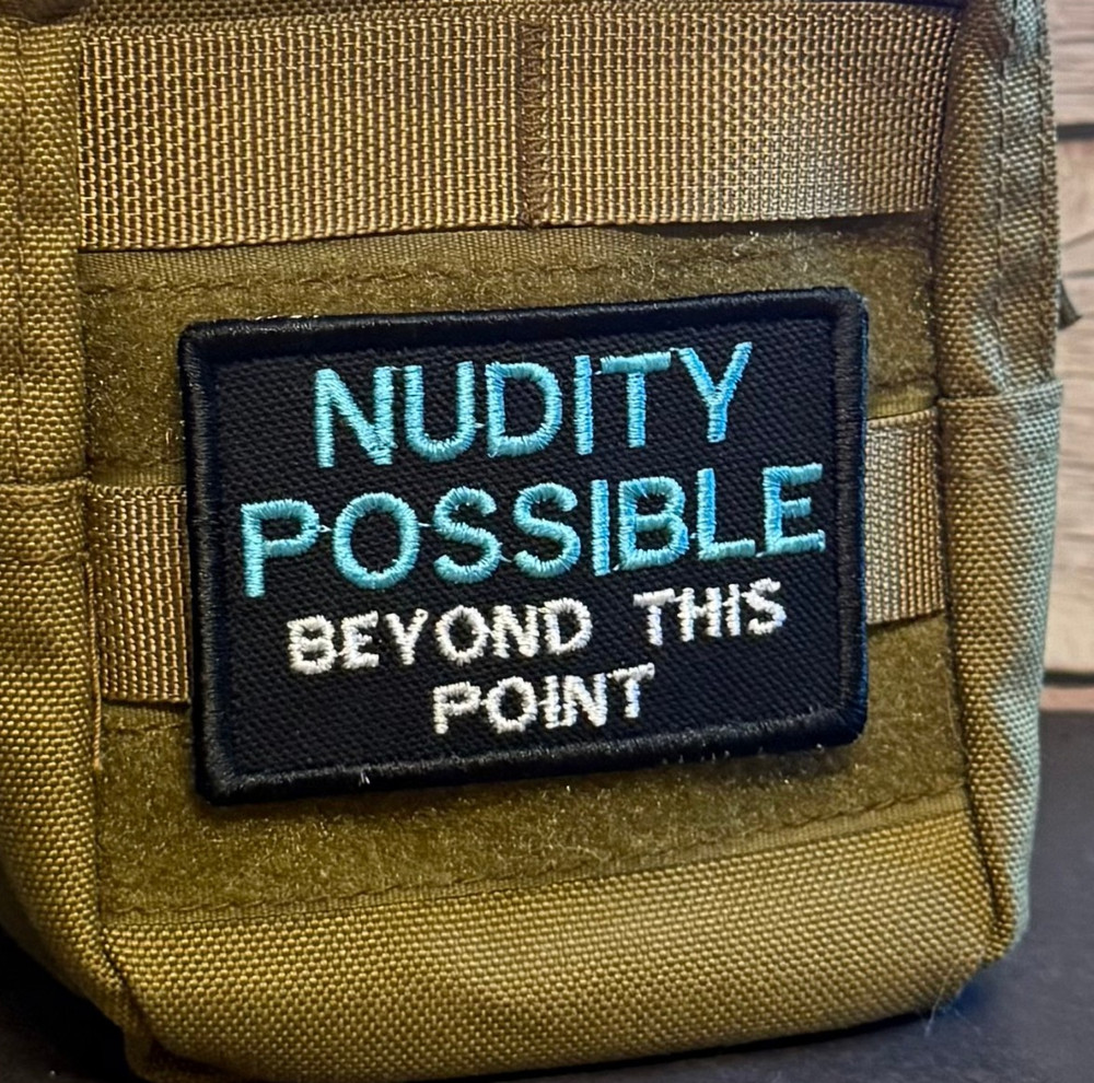 Nudist Beach Warning Sign Funny Morale Patch 2×3″ | VELCRO® Brand Hook Fastener