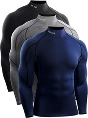 Men’s Compression Shirts Dry Fit Long Sleeve Mock Neck Shirts,3 Pack,5059,Bla…