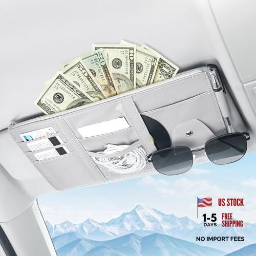 Car Sun Visor Organizer with Double Zippers, Multi-Pockets for Glasses, Gray